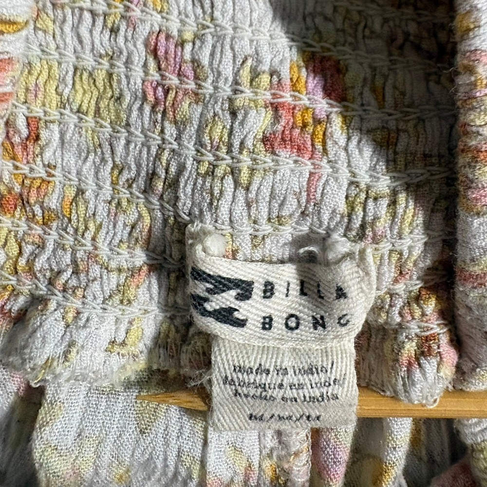 Billabong Floral Wide Leg Pants M Gold Pink Smocked Waist Crinkle Gauze Flare - Picture 4 of 6